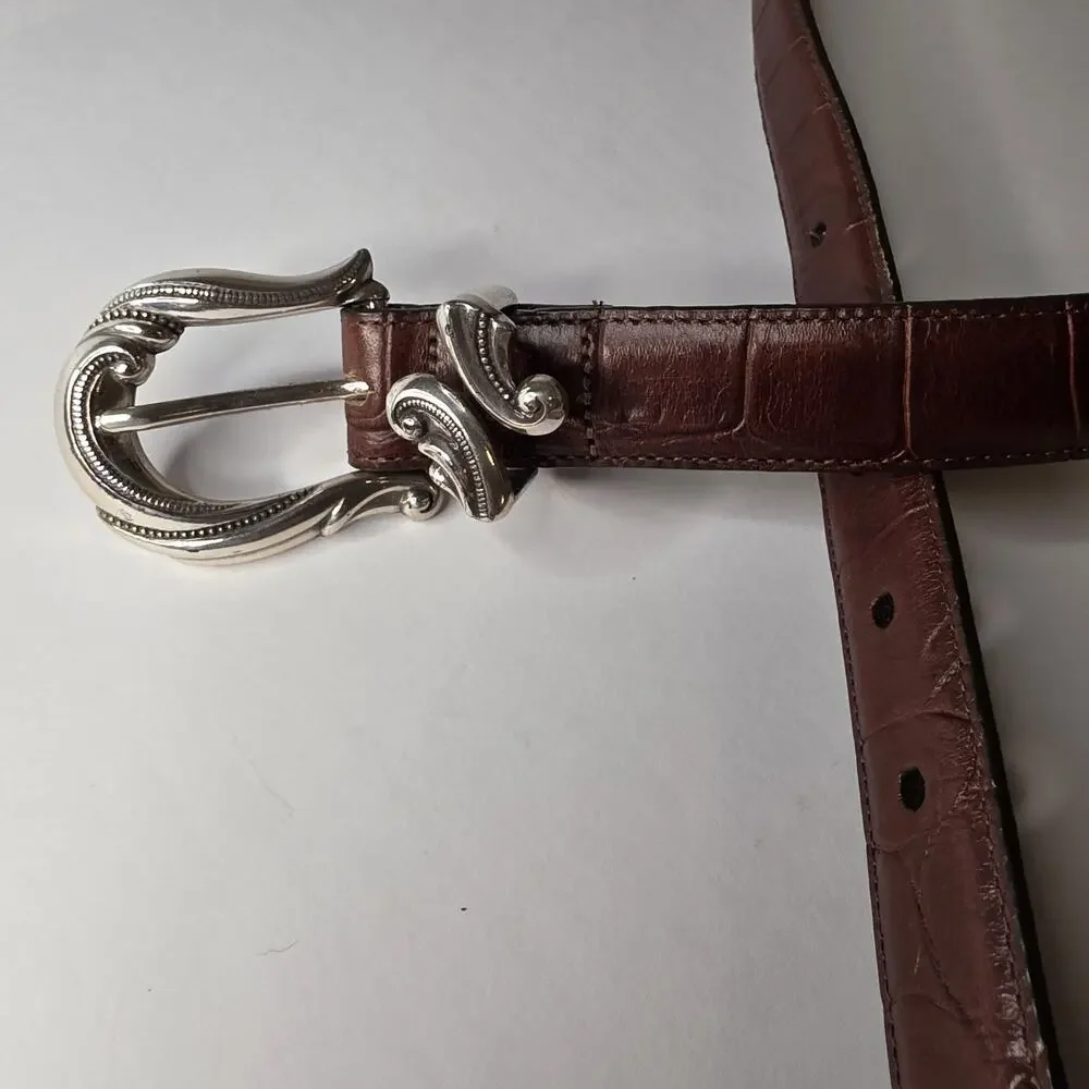 VTG Brighton Y2K Brown Croc Embossed Leather Belt 2X Ornate Scroll Buckle Silver